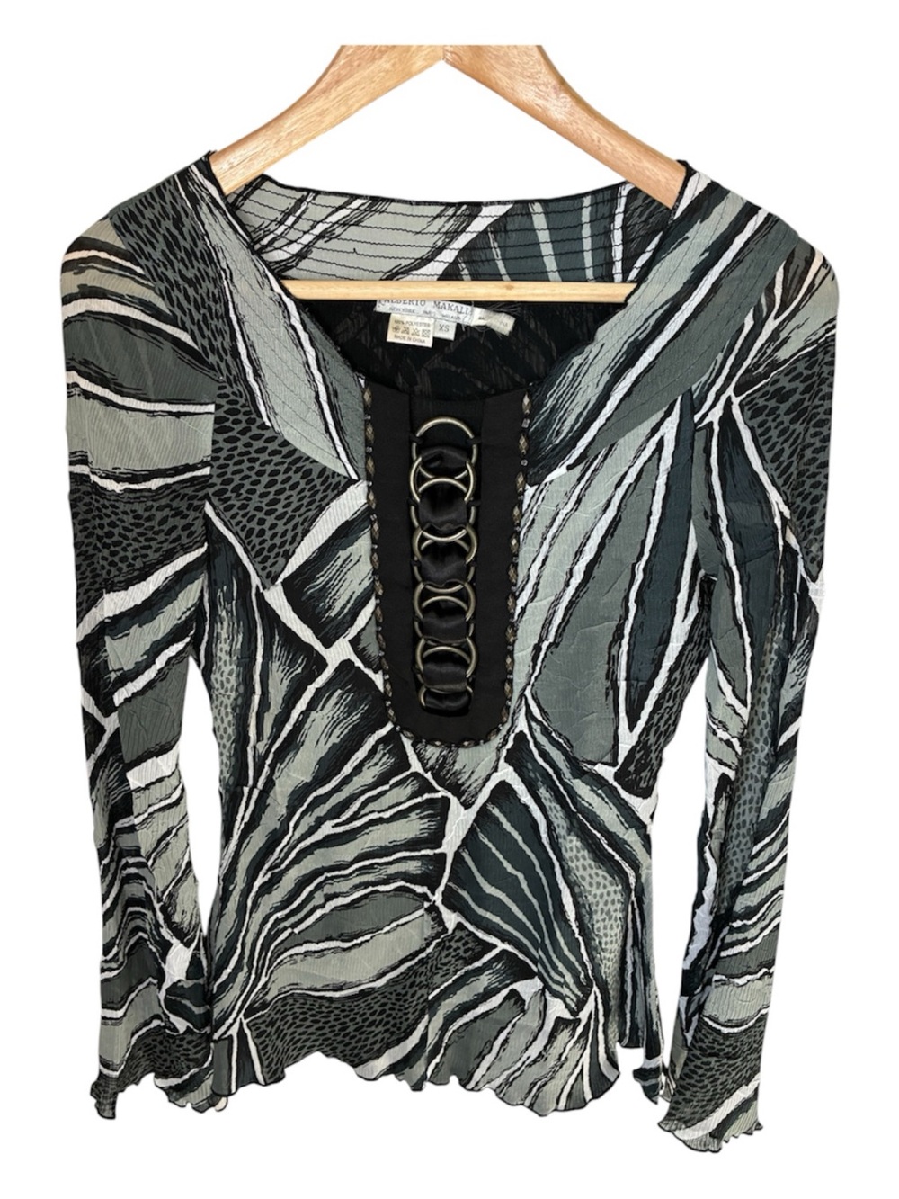 Alberto Makali Top Womens XS Black & Gray Abstract Long Sleeve Wide Wrist